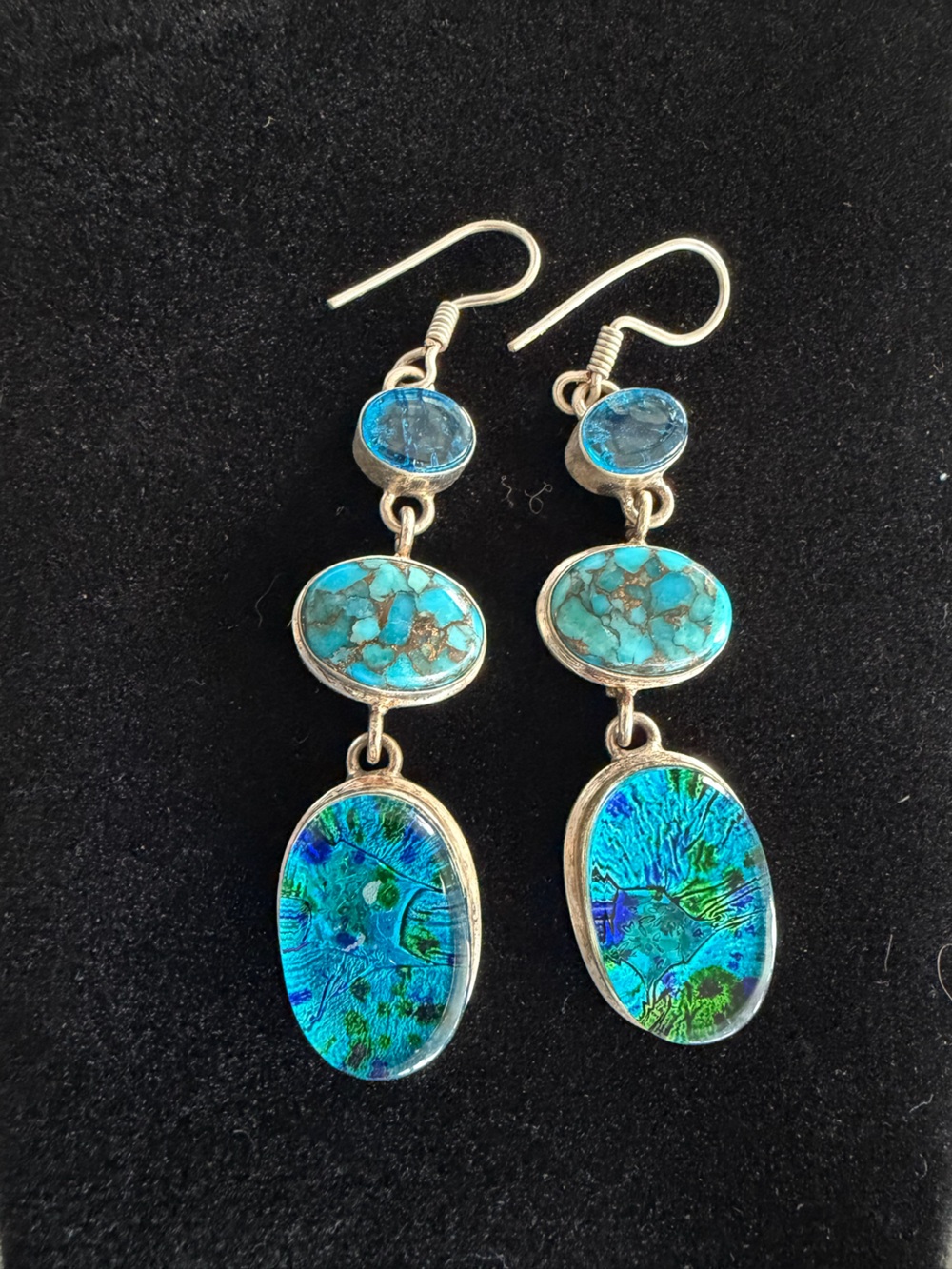 Marked 925 Turquoise and Blue Triple-Stone Drop Earrings - Women Jewelry